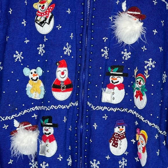 Vintage Ugly Christmas Sweater Full Zip Snowmen Feathers Cowboy Beaded Snow XXL - Picture 10 of 14
